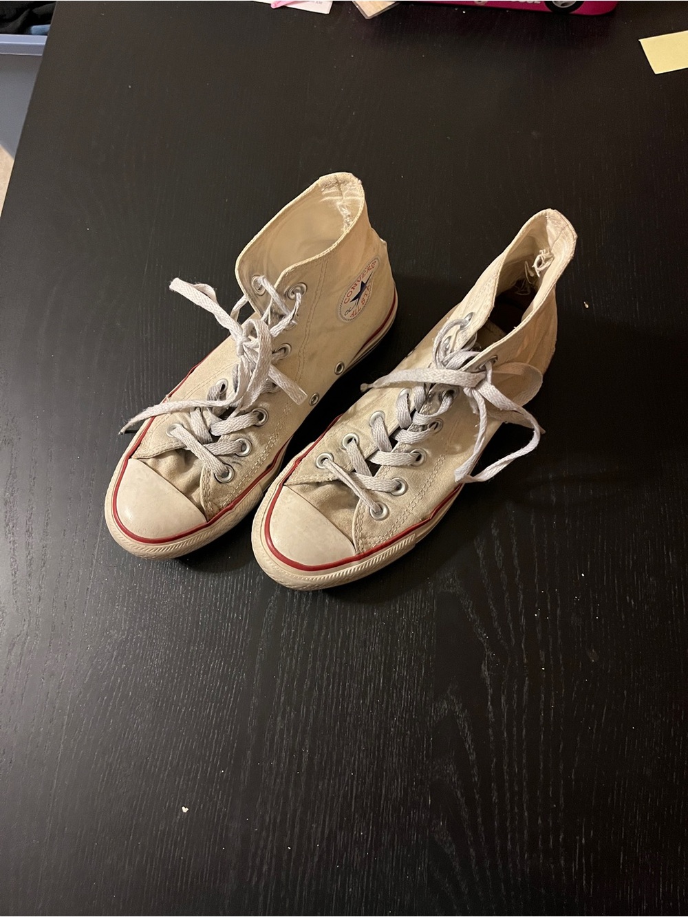 Converse Kids High-Top Canvas Sneakers in Off-White with Red Trim